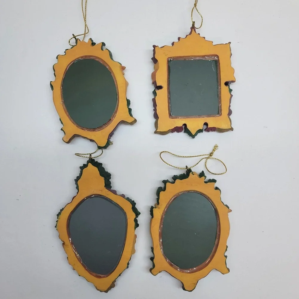 Vintage Cherub Angel Mirror Ornaments Set of 4 Victorian Gold Resin Christmas